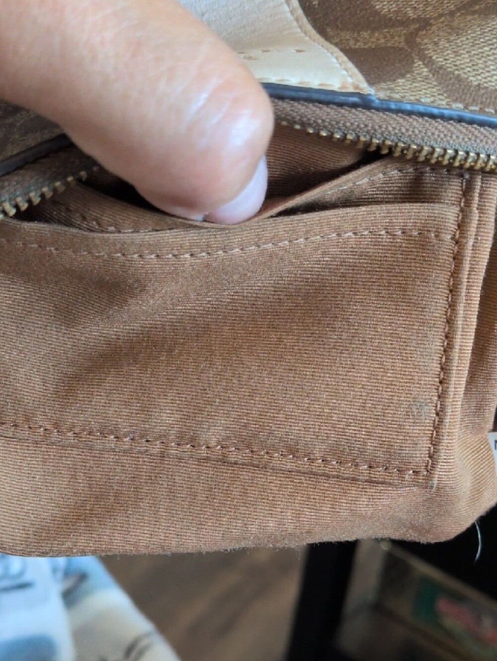 Coach Tan Signature Canvas Wristlet with White Center Stripe - Picture 4 of 6
